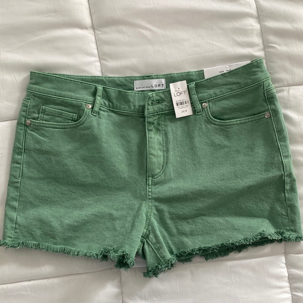 LOFT Green Denim Raw Hem Shorts